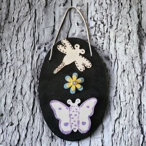 Handcrafted Wooden Black Dragonfly Butterfly Flower Garden Decor Sign